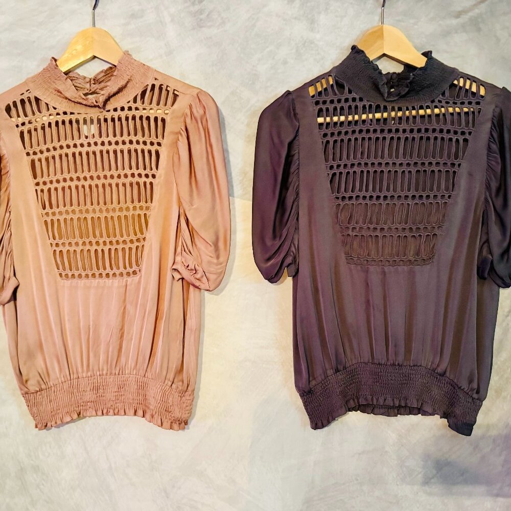 Lot of 2 Free People Short Sleeve satin-y Dress Shirts - Pink and Navy - Size XS